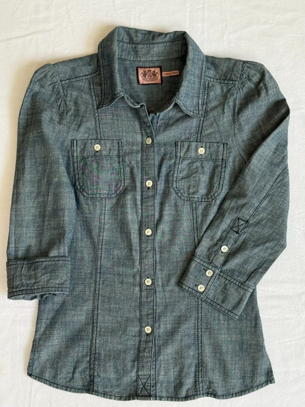 Juicy Couture Chambray Button Front Shirt Puff Sleeve Denim Look Size 4